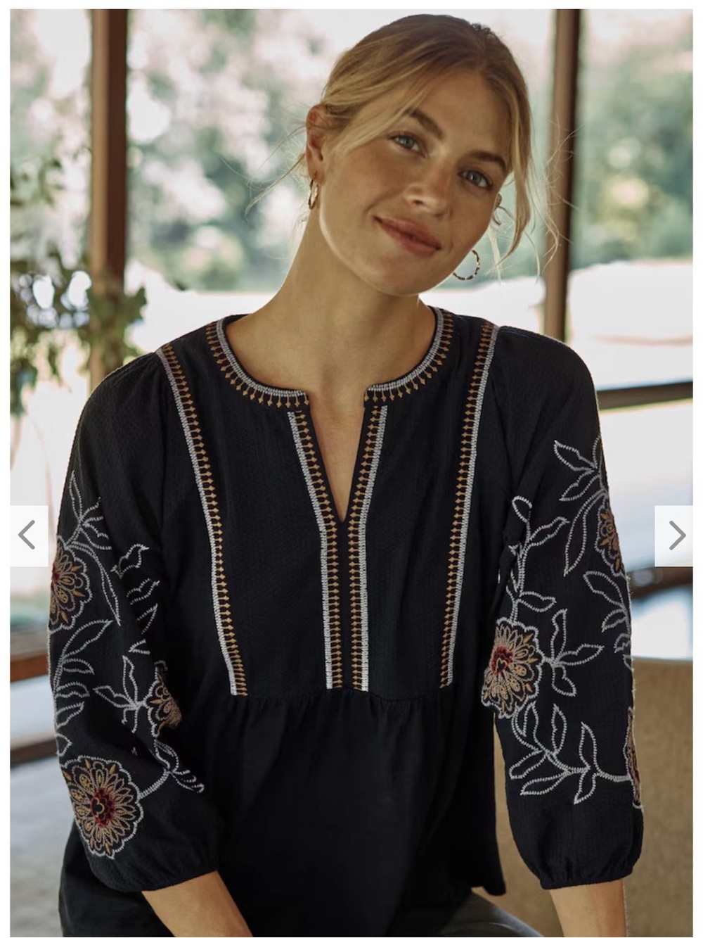 Pure Jill Embroidered Mixed-Media Top black with embroidered floral design 2x